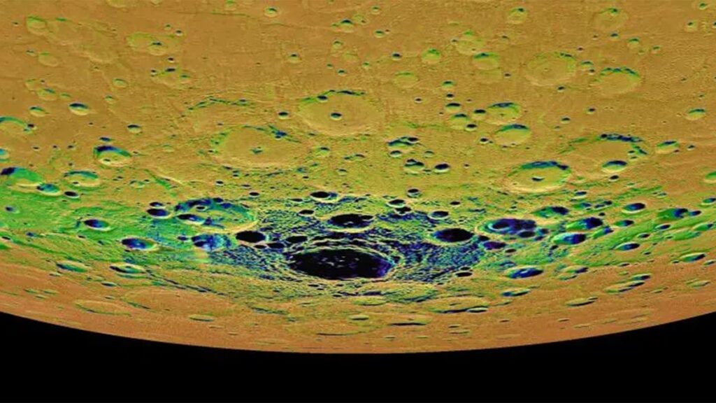 The view shown here is an orthographic projection of Mercury
