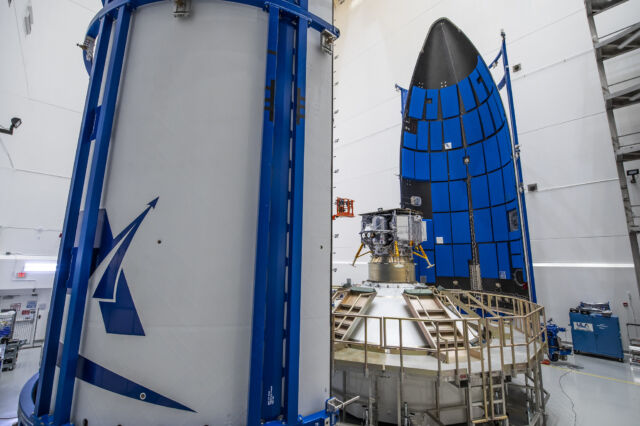 Astrobotic's Peregrine lander was recently encapsulated within the payload fairing of a Vulcan rocket.