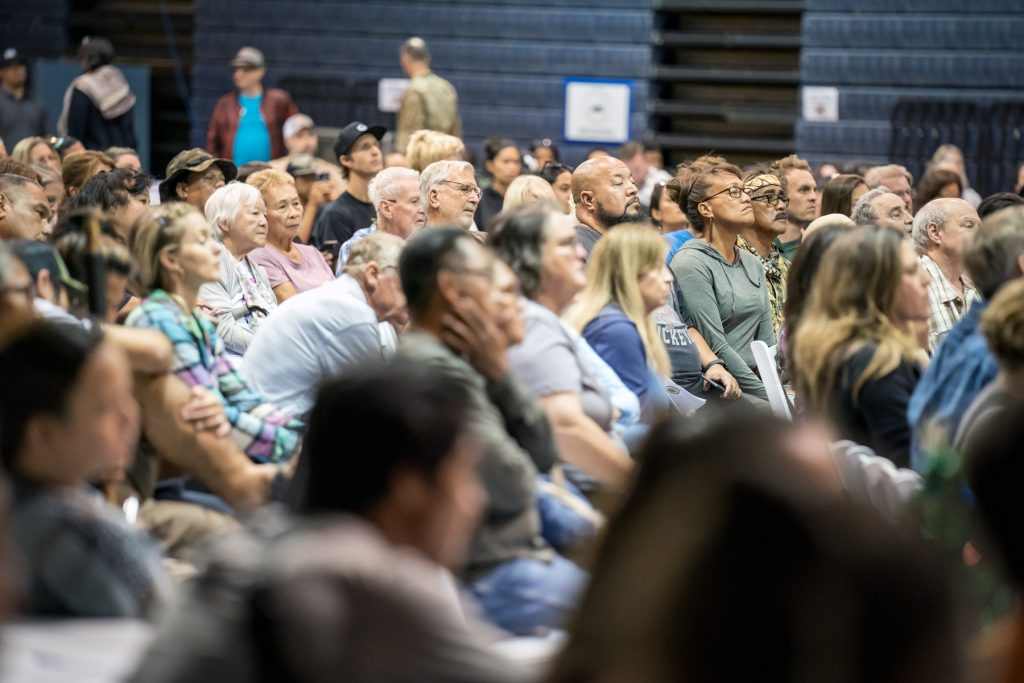 On December 19, 2023, hundreds of people attended a community meeting at the Lahaina Civic Center.  (Nathan Eagle/Civil Beat/2023)