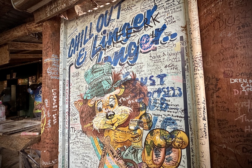 Brightly colored sign with a picture of a lion and many signatures.