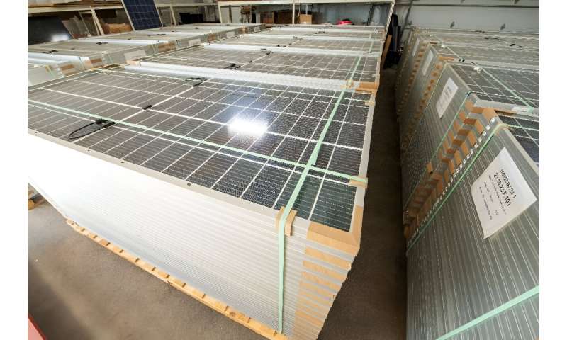 Recycled solar panels are ready for shipment to the We Recycle Solar facility in Yuma, Arizona on December 6, 2023