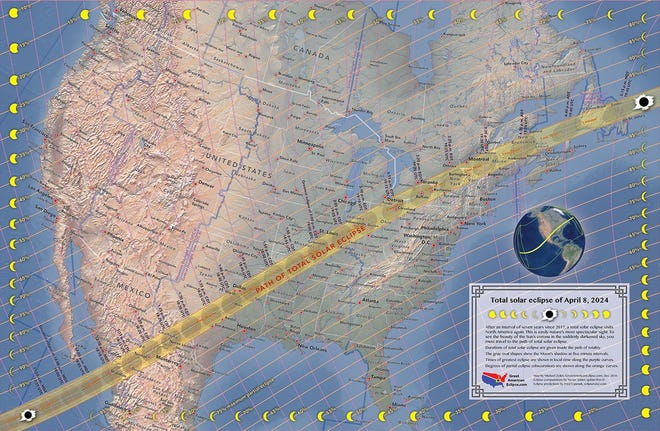 NASA map showing the path of the total solar eclipse on April 8, 2024.