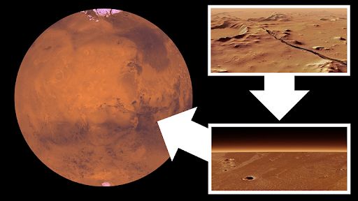 a red planet, mars, is seen on the left. a white box surrounds an image of mars