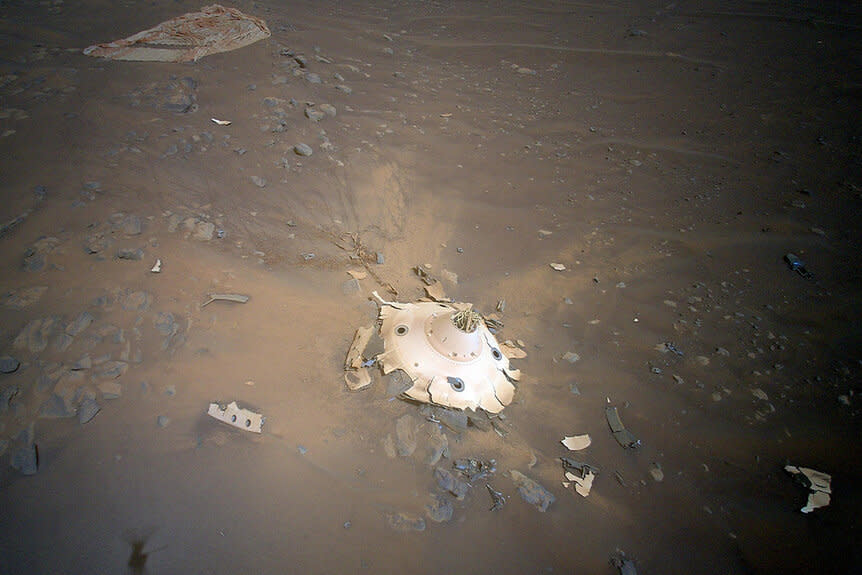 The crashed landing equipment used to lower Perseverance to the surface of Mars