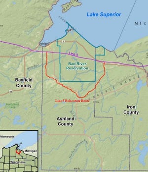 Map shows Enbridge Inc.'s proposed rerouting of Line 5, which carries petroleum products through Wisconsin.