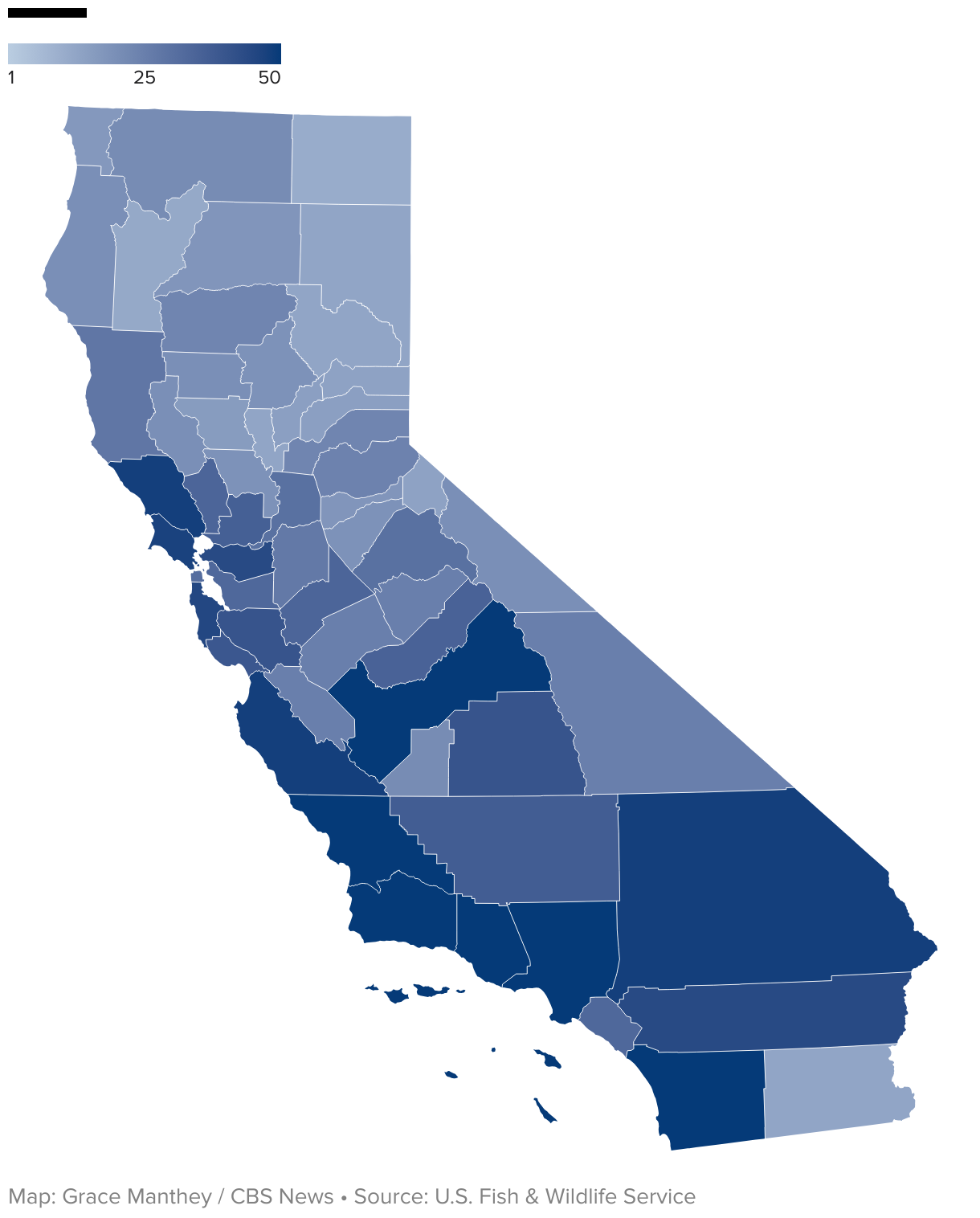 Map showing the number of threatened species at risk of extinction by county in California, colored blue. Coastal, central and Southern California have the highest numbers.