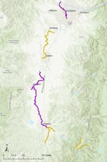 Map showing Willamette River. Areas from Eugene to just north of Corvallis and from Portland south to Vancouver are purple. The area between Salem and Newberg and some areas south of Eugene are yellow.