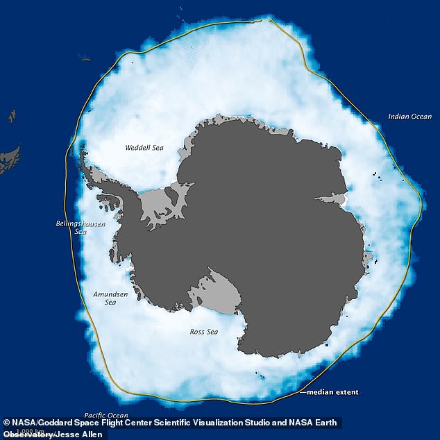 Image of Antarctica distinguishes between land (dark grey), ice shelves (light grey) and sea ice (white).The Ross Ice Shelf is the largest ice shelf in Antarctica, located in the south