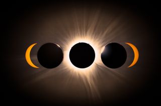 A series of images of a solar eclipse, from partial to total and back again.