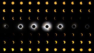 A vast collection of images come together to show the various stages of a solar eclipse from the first appearance of the moon 