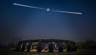 A series of images of the solar eclipse appeared high in the sky above the monolithic structure of Stonehenge II.
