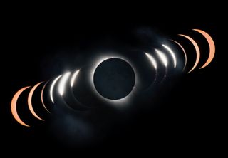 A series of images showing the progress of a total solar eclipse as the moon covers more of the sun's disk.