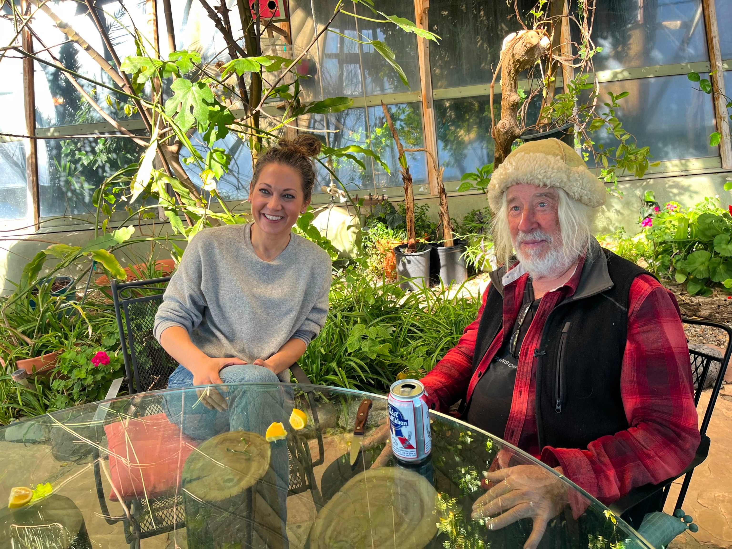 Photo: News chief meteorologist and chief climate reporter Ginger Zee sits outside Earthship near Taos, New Mexico, with Michael Reynolds, founder and founder of Earthship Biotecture.