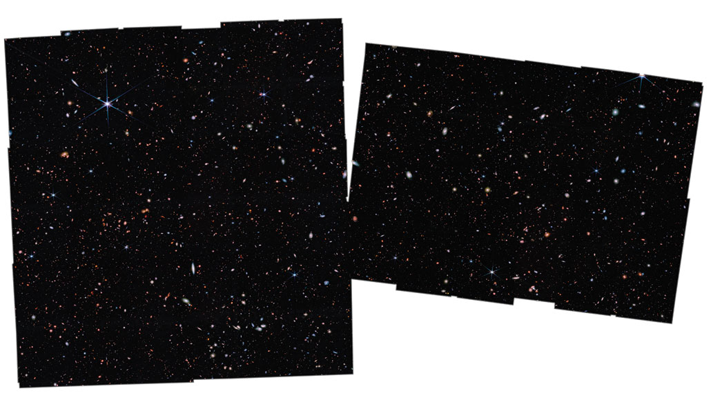 The JWST Advanced Deep Extragalactic Survey image shows hundreds of galaxies on two black rectangles with an overall white background that appear to date to within 650 million years of the Big Bang.
