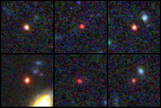 Six distant galaxies (red dots above) have been discovered by the Cosmic Evolution Early Release Science (CEERS).
