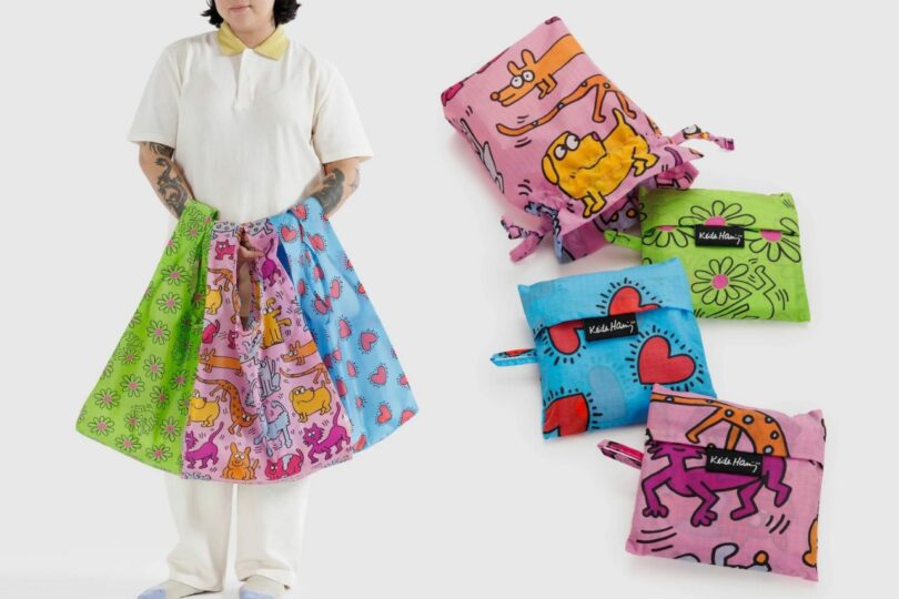 Baggu collaboration with Keith Haring - on the left is a woman holding all four bags of different designs, on the right are the four bags folded into the box