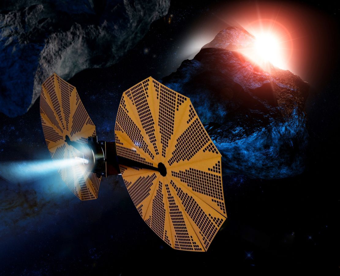 The United Arab Emirates is planning a mission to explore the asteroid belt. This computer graphics rendering provided by the United Arab Emirates Space Agency shows the MBR Explorer, expected to launch in 2028 to study various asteroids.