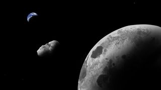 The illustration shows the moon and an asteroid in the foreground, with a distant small Earth in the background
