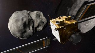 Artist's illustration shows a spacecraft approaching an asteroid