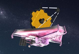 Illustration of the James Webb Space Telescope, featuring a honeycomb configuration of gold mirrors on a silver sunshield with pink reflections.