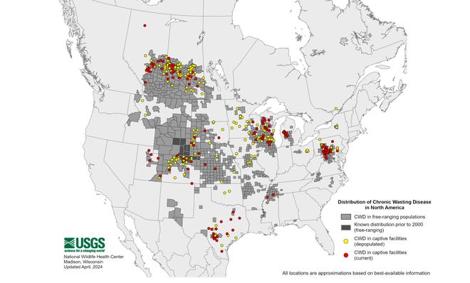 Map showing areas with positive tests for chronic wasting disease in North America as of April 2024.