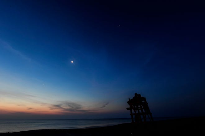 The New Moon aligns with Mercury, Venus, Uranus, Mars, Jupiter and Saturn over Melbourne Beach on the morning of Friday, June 24, 2022.