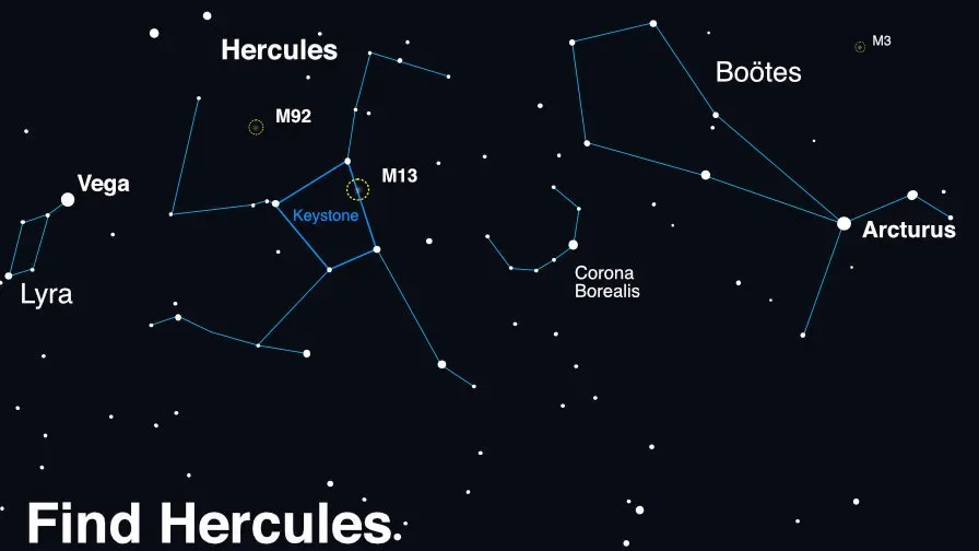 A sky map showing the constellations Corona Borealis between Hercules and Botus