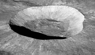 two side by side images. at left, a closeup of a lunar crater. at right, a view of the moon against the blackness of space.
