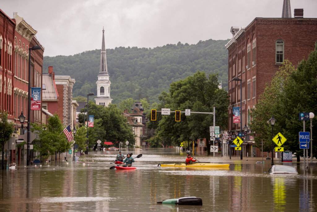 Heavy rain and flooding hits downtown Montpelier, Vermont on July 11, 2023. Credit: John Tully/The Washington Post via Getty Images