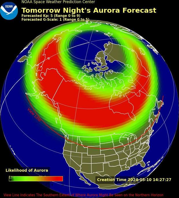 The Space Weather Prediction Center's map shows the aurora forecast for the United States on May 11, 2024. 