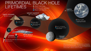 Infographic of black hole lifetimes, using objects such as Earth, Mount Everest, and humans to compare.