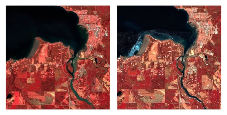 Side-by-side handout images (shown in infrared) taken by the European Space Agency's Sentinel-2 satellite show Fort St. James, British Columbia, where the water appears to be shallower this year (right) compared to the water flowing into the Stewart River from Stewart Lake , the water there seems to be shallower this year. 