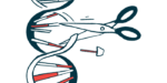 A pair of scissors can be seen cutting a strand of DNA.