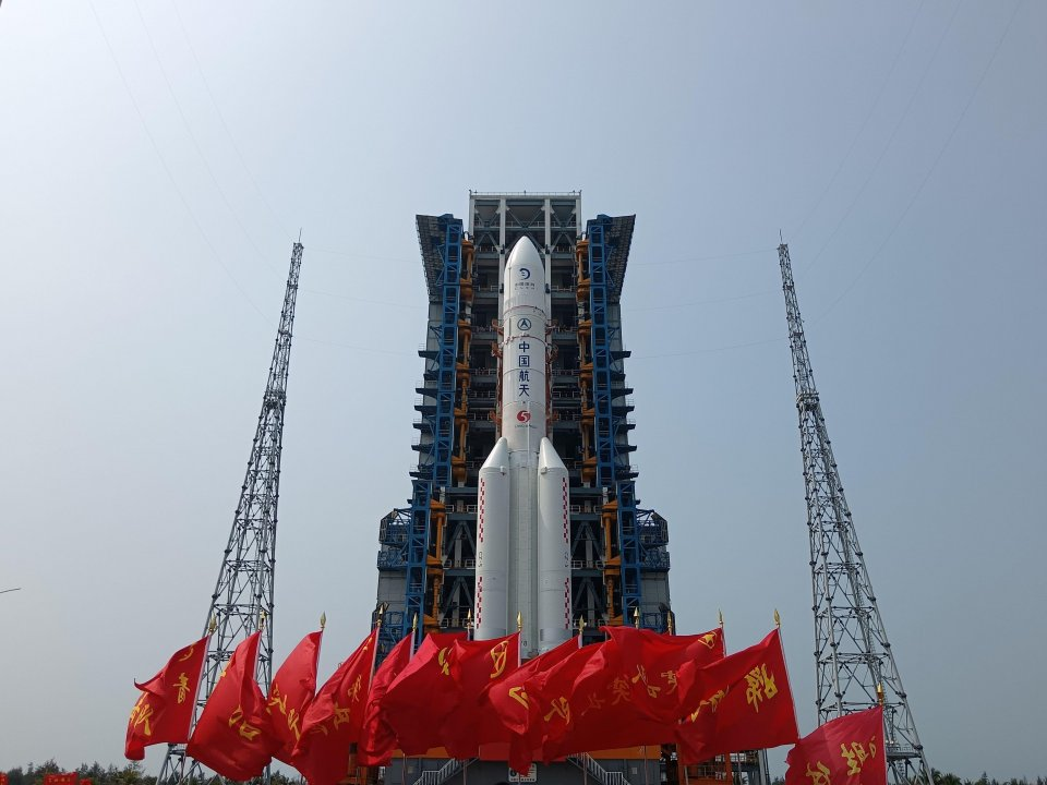 China's Chang'e-6 lunar probe and Long March-5 Y-8 carrier rocket photographed at the Wenchang Space Launch Center in Hainan Province, southern China