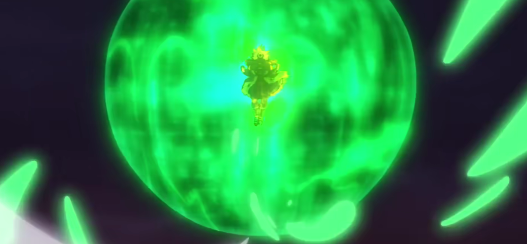 Broly releases his stored energy to avoid the explosion