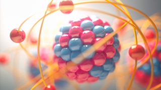 A blue atom swirls scientifically