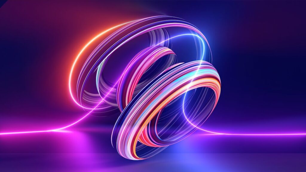 Illustration of multi-colored light spirals in front of a purple and blue background