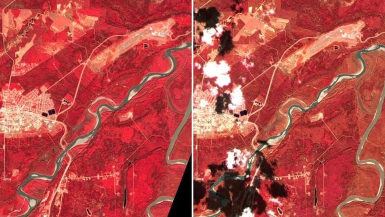 Side-by-side distributed infrared images taken by the European Space Agency's Sentinel-2 satellite show that the Nelsonburg and Maskwa rivers appear narrower on May 5, 2024, with more of their banks exposed compared to images taken in May Outside in September 2023, left.